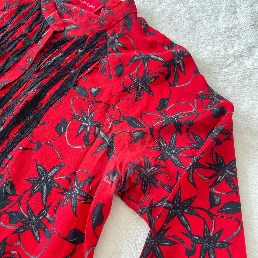 Zadig & Voltaire Silk Floral Chai Print Long Sleeve Blouse‎ Red Size Medium - Picture 3 of 14